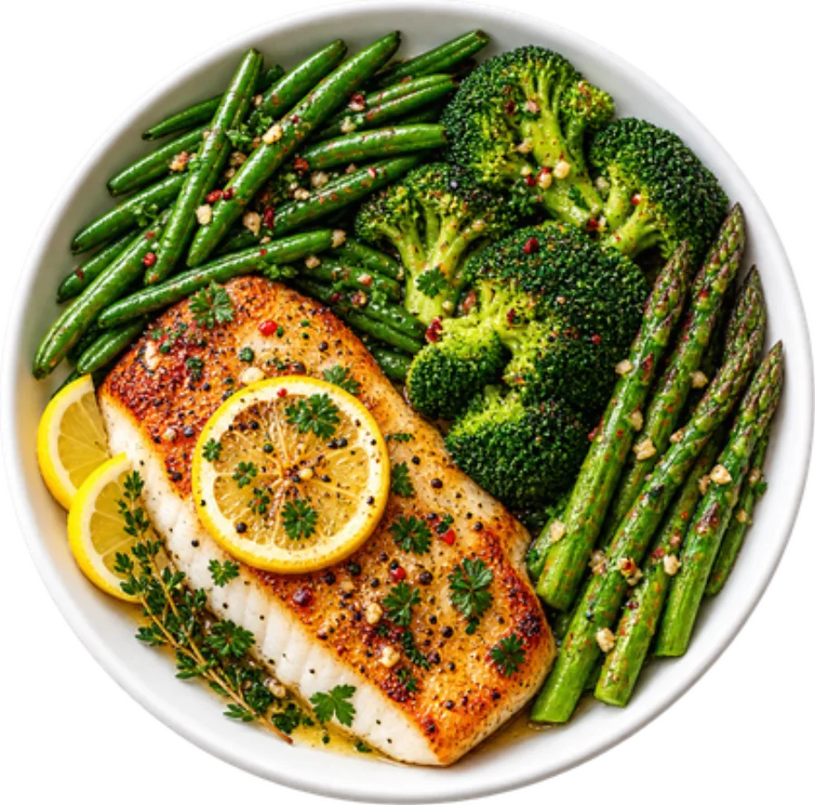 A lemon fish and greens bowl
