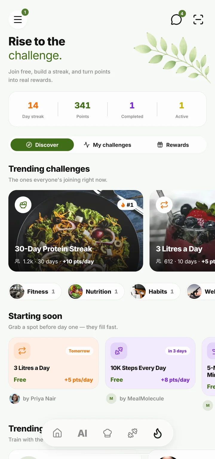 Challenges in the app: streak, points and trending challenges