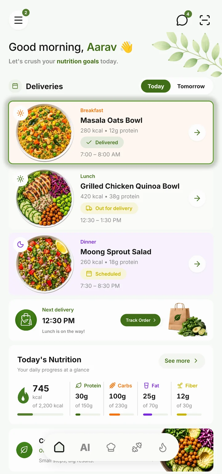 Today in the app, the breakfast card ringed: Masala Oats Bowl, delivered 7–8 AM